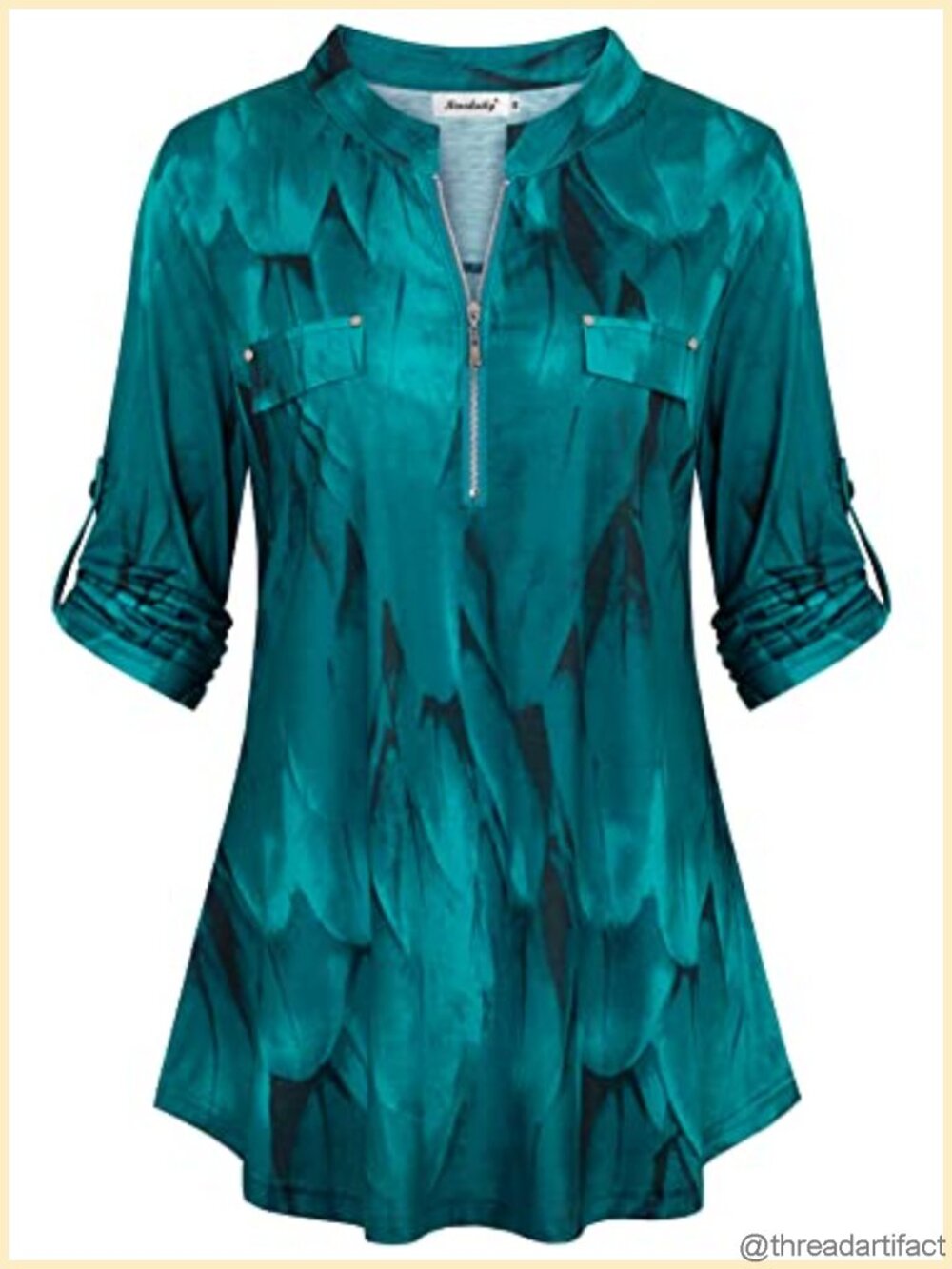 Women's 3/4 Sleeve Plaid Tunic Blouse Zip Floral Casual Top